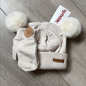 BearPaw Ivory Pom-Pom Knit Hat and Mittens